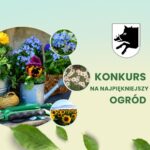 Obraz przedstawia kolorowe kwiaty w metalowych pojemnikach na tle zieleni. Po prawej stronie widnieje napis Konkurs na najpiękniejszy ogród. W tle jasny gradient oraz liście.