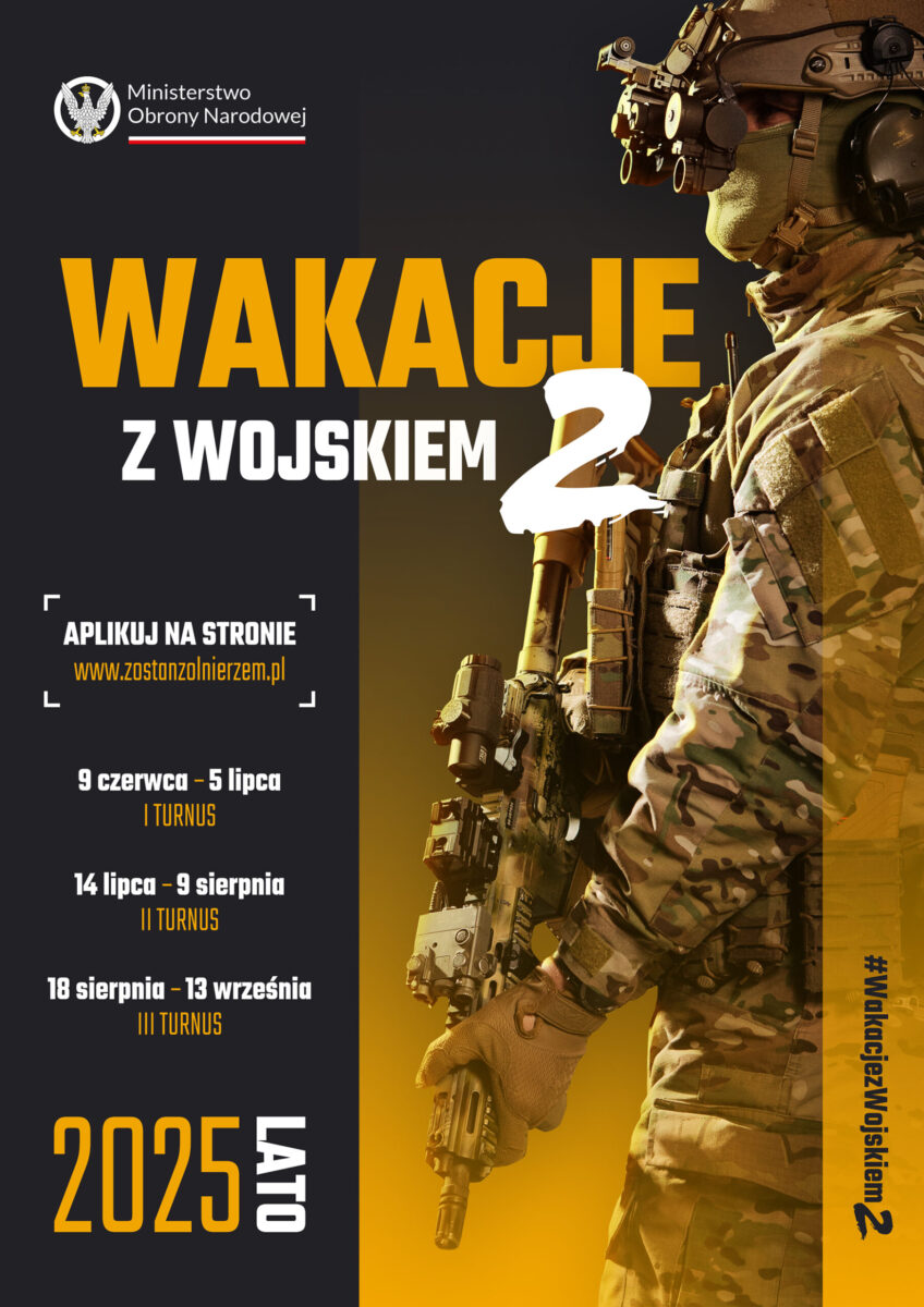plakat1-scaled Plakat przedstawia żołnierza w mundurze na tle gradientu czarno-żółtego. Nagłówek: Wakacje z wojskiem 2. Informacje o turnusach w 2025 roku.