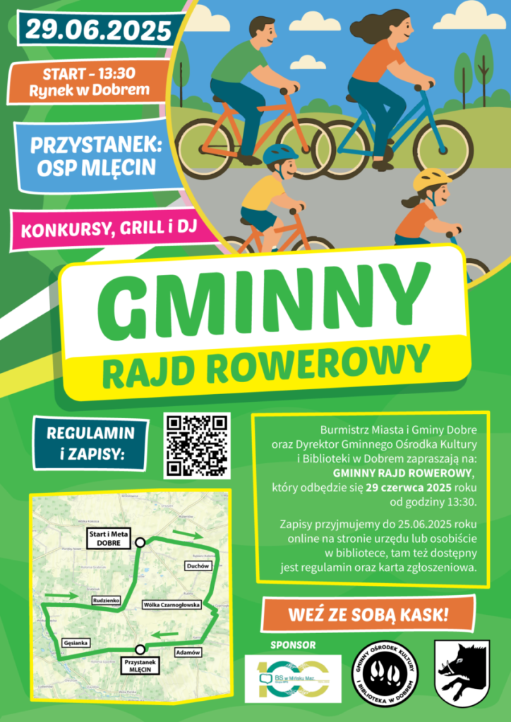 Plakat promuje gminny rajd rowerowy 29.06.2025. Widać jasnozielone tło z rysunkiem rowerzystów. Są też kolorowe bloki tekstu z informacjami o wydarzeniu.