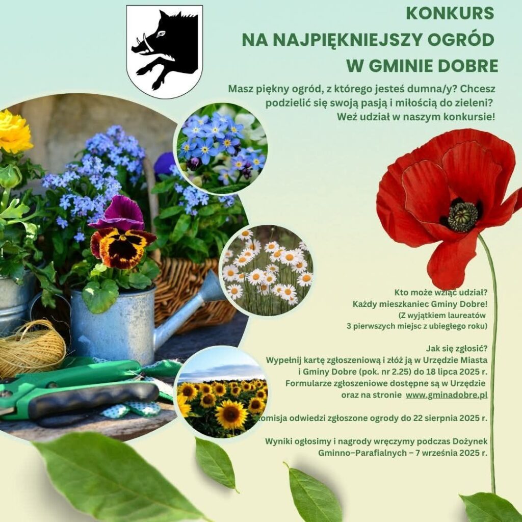 Plakat promujący konkurs z kwiatami: bratki, maki, rumianek, na tle zieleni. Narzędzia ogrodowe i konewka po lewej. Tło jasne z tekstem po prawej.