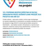 Plakat promuje projekt doświetlenia przejść, z kolorowym logiem na białym tle. Zawiera szczegóły projektu i koszt. Zachęca do głosowania online.