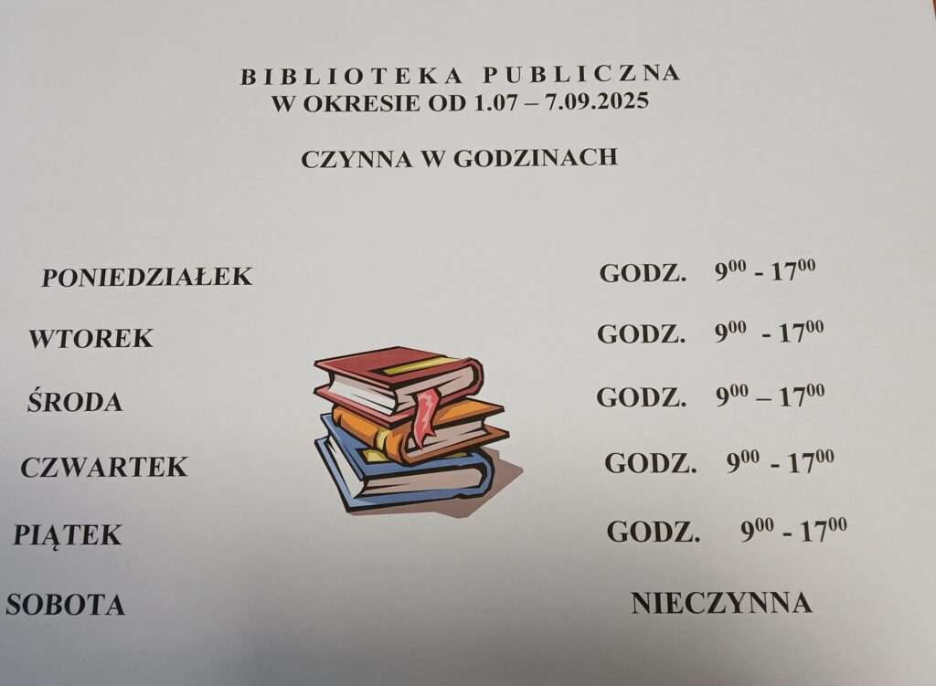 Plakat biblioteki z godzinami otwarcia na białym tle. Kolorowe książki w centrum. Biblioteka nieczynna w soboty.