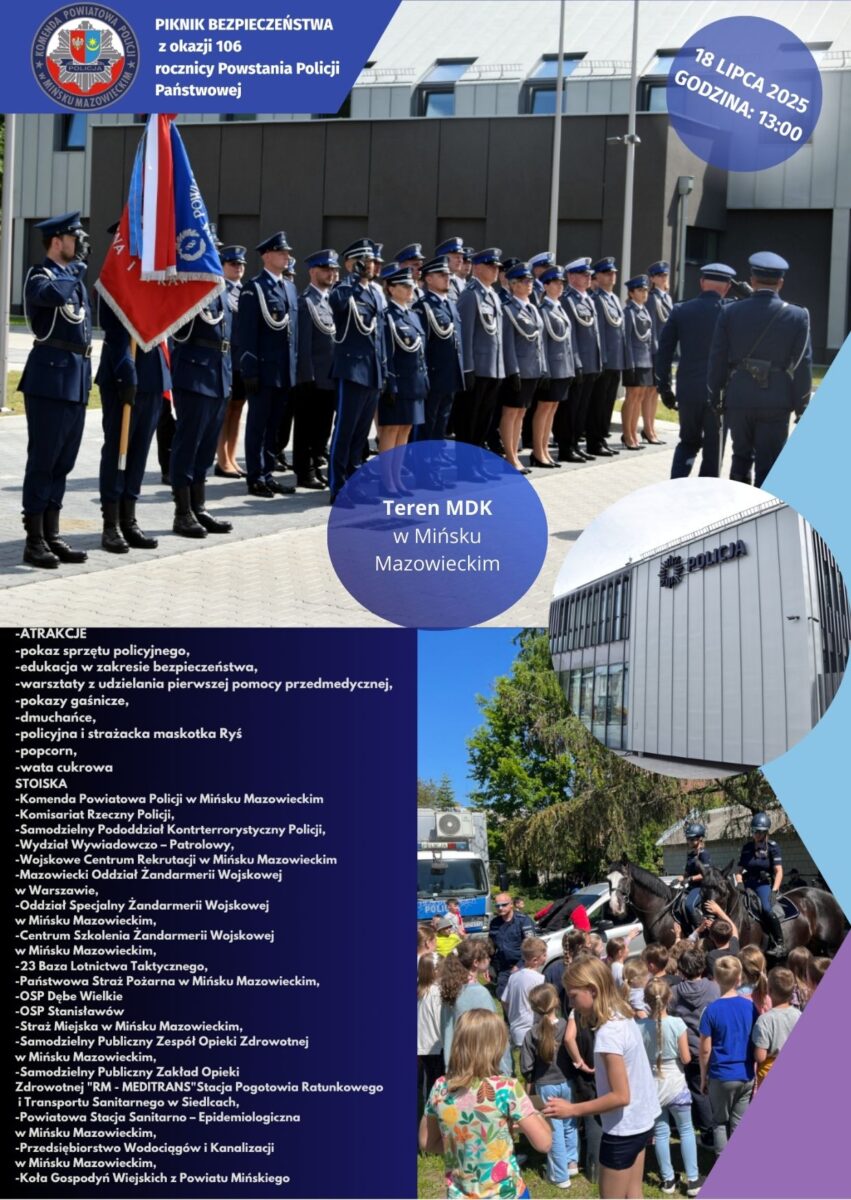 Grupa policjantów w mundurach stoi na tle nowoczesnego budynku. Obraz ma niebieskie i szare akcenty. Widać także dzieci uczestniczące w pikniku.