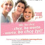 Trzy kobiety uśmiechają się na białym tle. Różowy pasek z tekstem „Idę, bo chcę”. Logo i informacja o mammografii.