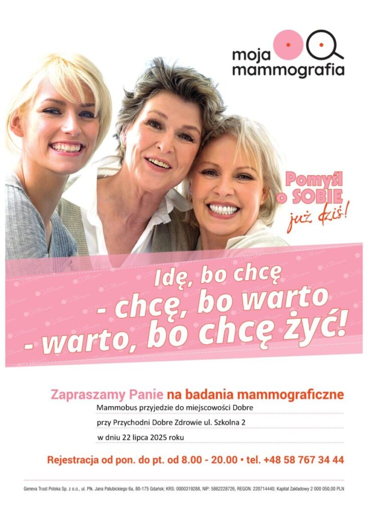 Trzy kobiety uśmiechają się na białym tle. Różowy pasek z tekstem „Idę, bo chcę”. Logo i informacja o mammografii.