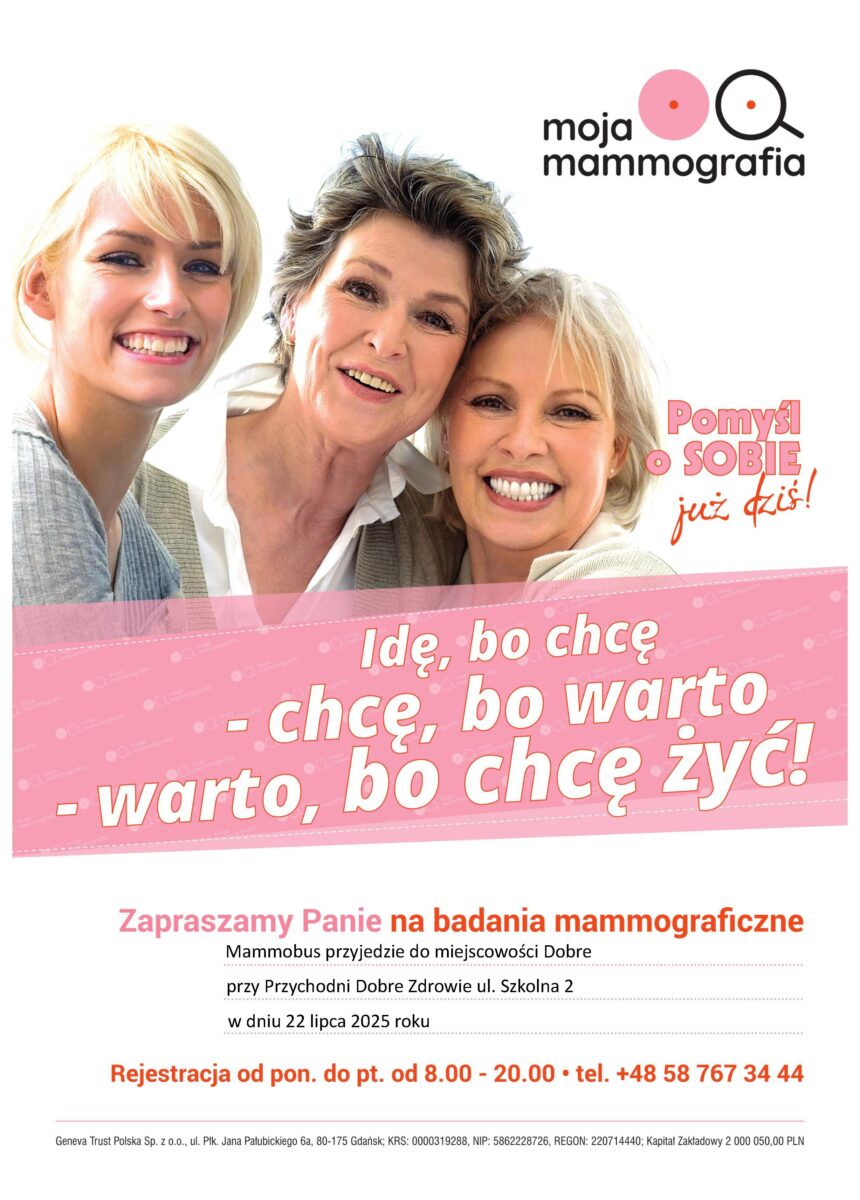 Trzy kobiety uśmiechają się na białym tle. Różowy pasek z tekstem „Idę, bo chcę”. Logo i informacja o mammografii.