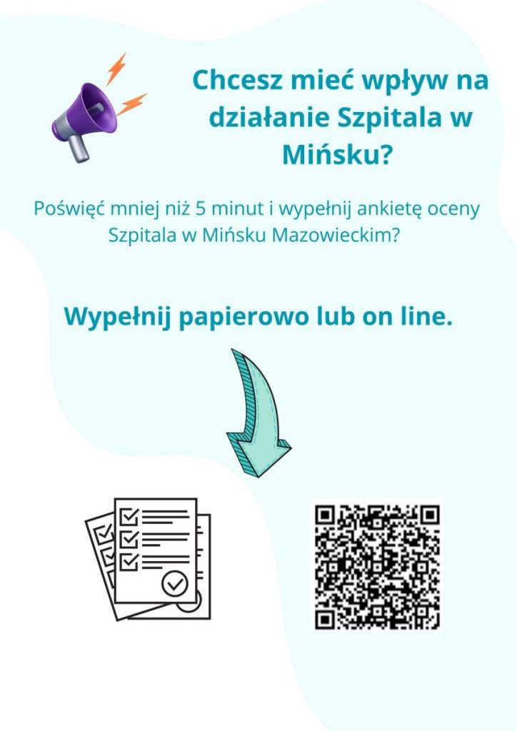 Na plakacie w jasnoniebieskim tle megafon, tekst i ikony. Zachęta do wypełnienia ankiety o szpitalu w Mińsku. QR kod do skanowania.