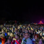 Tłum wielbicieli z telefonami na koncercie nocą. W tle kolorowe światła sceniczne. Ciemne niebo kontrastuje z jasnym oświetleniem.