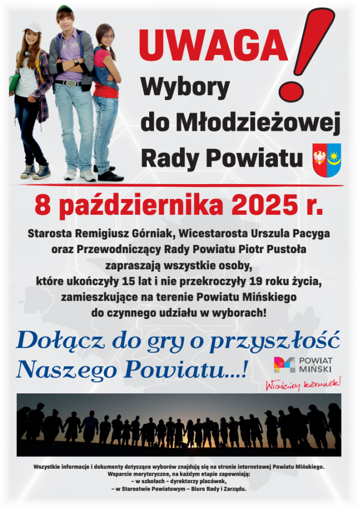 Ulotka promuje wybory młodzieżowe 8 października 2025. Tło białe z kolorową grafiką i tekstem. Zdjęcie grupy młodzieży.