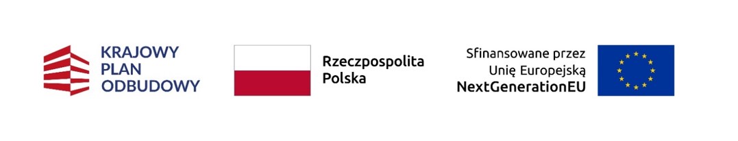 Zrzut ekranu 2025-09-11 085919 Logo z biało-czerwonymi pasami, flaga Polski i logo UE na białym tle. Tekst dotyczy Krajowego Planu Odbudowy i NextGenerationEU.