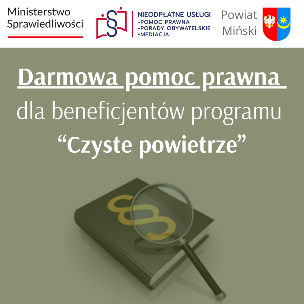 Ministerstwo Sprawiedliwości oferuje darmową pomoc prawną. Obraz ukazuje lupę na książce z symbolem paragrafu. Tło jest w odcieniu zieleni.
