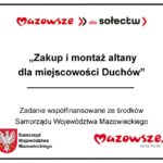 Plakat o zakupie altany dla miejscowości Duchów z logo Mazowsza. Kolory czerwony, czarny, biały. Na dole herb Mazowsza.