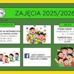 Zielono-żółty plakat z informacją o zajęciach 2025/2026. Dzieci bawią się w kolorowych kulkach i tańczą. Logotyp GOK na górze.