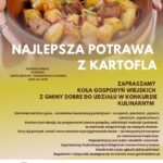 Miseczka brązowa z ziemniakami i mięsem, ozdobiona ziołami. Tło jasnobrązowe, tekst promuje konkurs kulinarny. Dominują kolory żółty i czerwony.