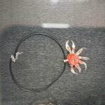 Naszyjnik z czarnym sznurkiem w kształcie kraba na ciemnym tle. Krab jest srebrno-czerwony. Tło ma fakturę szczotkowanego metalu.