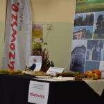 Stoisko z regionalnymi potrawami z Mazowsza, z dekoracjami w postaci owoców i kwiatów. Tło jasne z plakatami promującymi region. Dominują kolory: biały, czerwony i zielony.