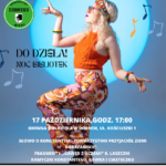 Plakat promuje Potańcówkę Retro 17 października. Tancerka w pomarańczowym stroju na tle niebieskiego okręgu. Kolorowe nuty dodają dynamiki.