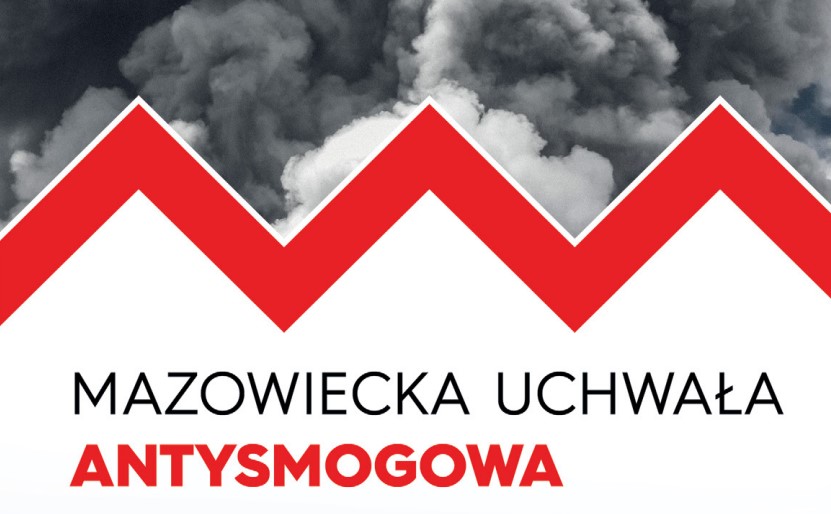 Grafika z ciemnym dymem, czerwonym wzorem zygzaka. Napisy: Mazowiecka Uchwała Antysmogowa na białym tle.