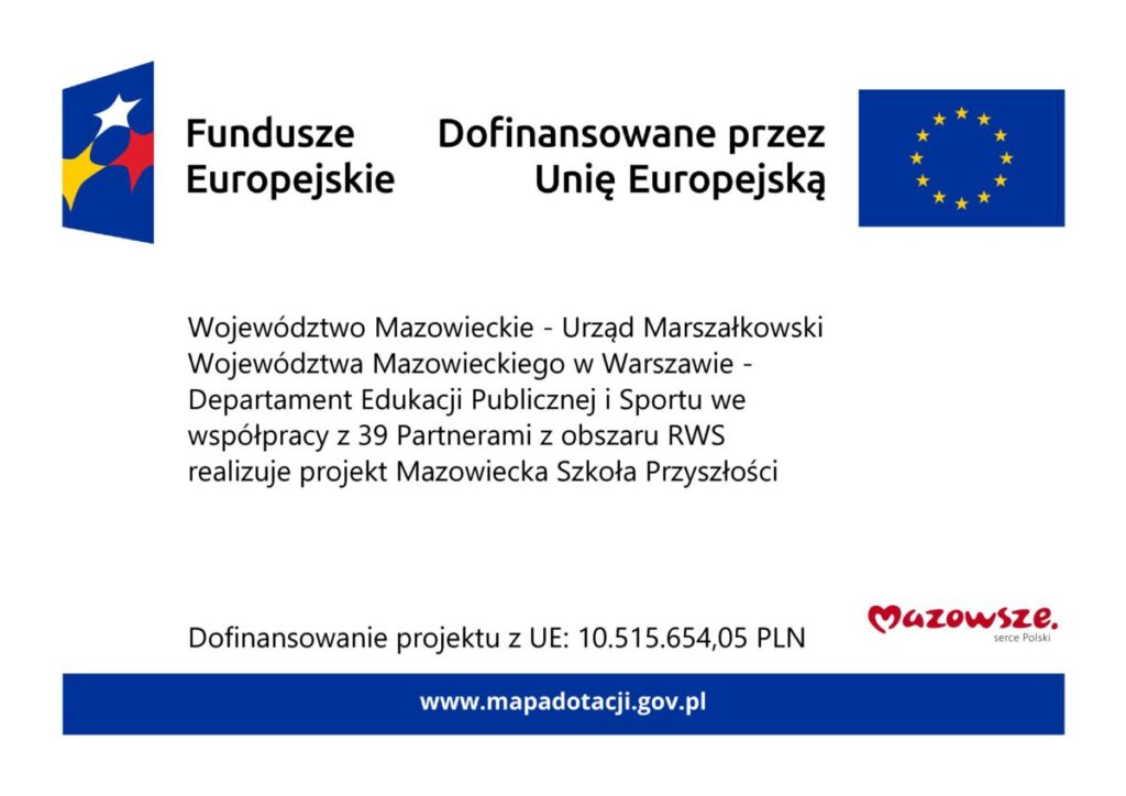 Plakat z logo Funduszy Europejskich i Unii Europejskiej na białym tle. Czarny tekst opisuje projekt edukacyjny Mazowsza. Na dole widoczny jest niebieski pasek z adresem strony.