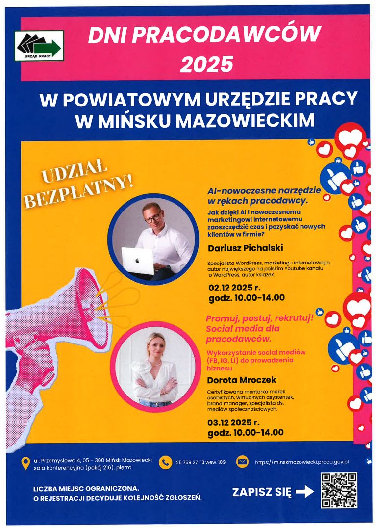 Plakat wydarzenia Dni Pracodawców 2025 w Mińsku Mazowieckim. Kolorowe tło, czerwony, niebieski i żółty z białym tekstem. Dwa zdjęcia osób i ikony mediów społecznościowych.