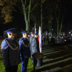 DSC_5597 Policjanci w niebieskich mundurach stoją w rzędzie nocą. W tle oświetlony park i ludzie z flagami. Obok rośliny i latarnie.