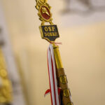 DSC_7789 Sztandar z napisem OSP Dobre w złotych i czerwonych barwach. Tło jest rozmyte w odcieniach beżu. Przy sztandarze widoczne biało-czerwone wstęgi.