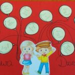 Plansza na czerwonym tle przedstawia balony z prawami dziecka i rysunki dzieci. Dominuje kolor czerwony i różne odcienie żółtego. Balony zilustrowane są z tekstami opisującymi różne prawa.