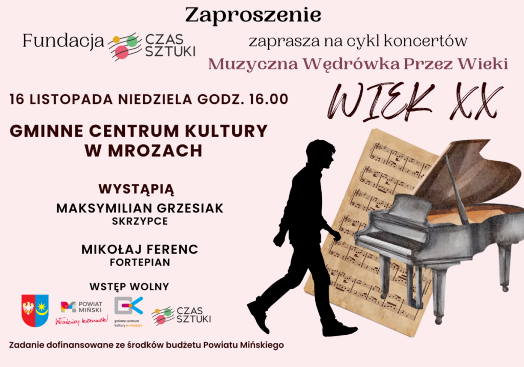 Plakat na jasnym tle zaprasza na koncerty. Widać fortepian, nuty i sylwetkę osoby. Zaproszenie odbywa się w Mrozach.