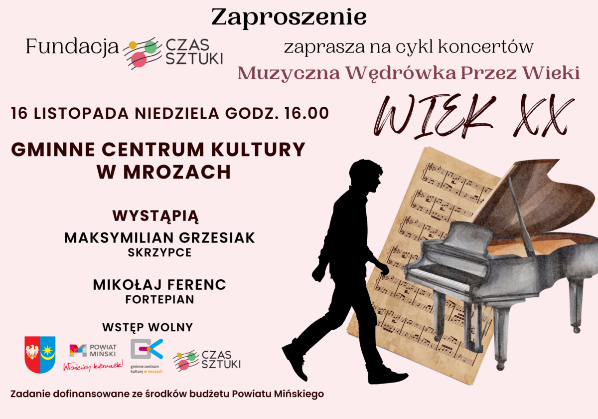 Plakat na jasnym tle zaprasza na koncerty. Widać fortepian, nuty i sylwetkę osoby. Zaproszenie odbywa się w Mrozach.