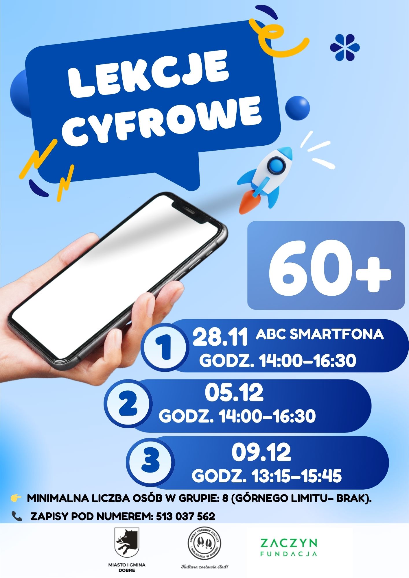 Niebieska grafika z hasłem Lekcje Cyfrowe, smartfonem w dłoni, rakietą i datami warsztatów dla osób 60+. Jasnoniebieskie tło.