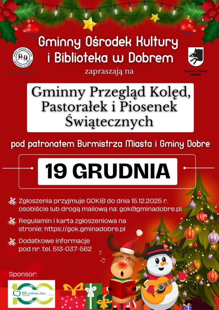 Plakat świąteczny z czerwonym tłem, zielonymi gałązkami i kolorowymi dekoracjami. Widnieje data 19 grudnia. Obok choinka, renifer i bałwanek.