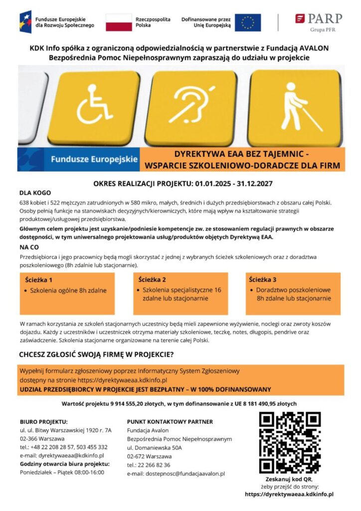 Plakat przedstawia informacje o projekcie wspierającym szkolenia z zakresu dostępności. Kolory żółty, niebieski i biały dominują na prostokątnych ikonach oraz tekstach. Tło jest białe z elementami graficznymi, a w dolnej części znajdują się szczegó