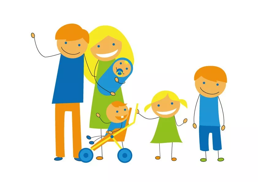 Rodzina z trójką dzieci na białym tle. Rodzice ubrani w niebiesko-zielone barwy. Dzieci w wózku i na nogach w odcieniach niebieskiego i zielonego.