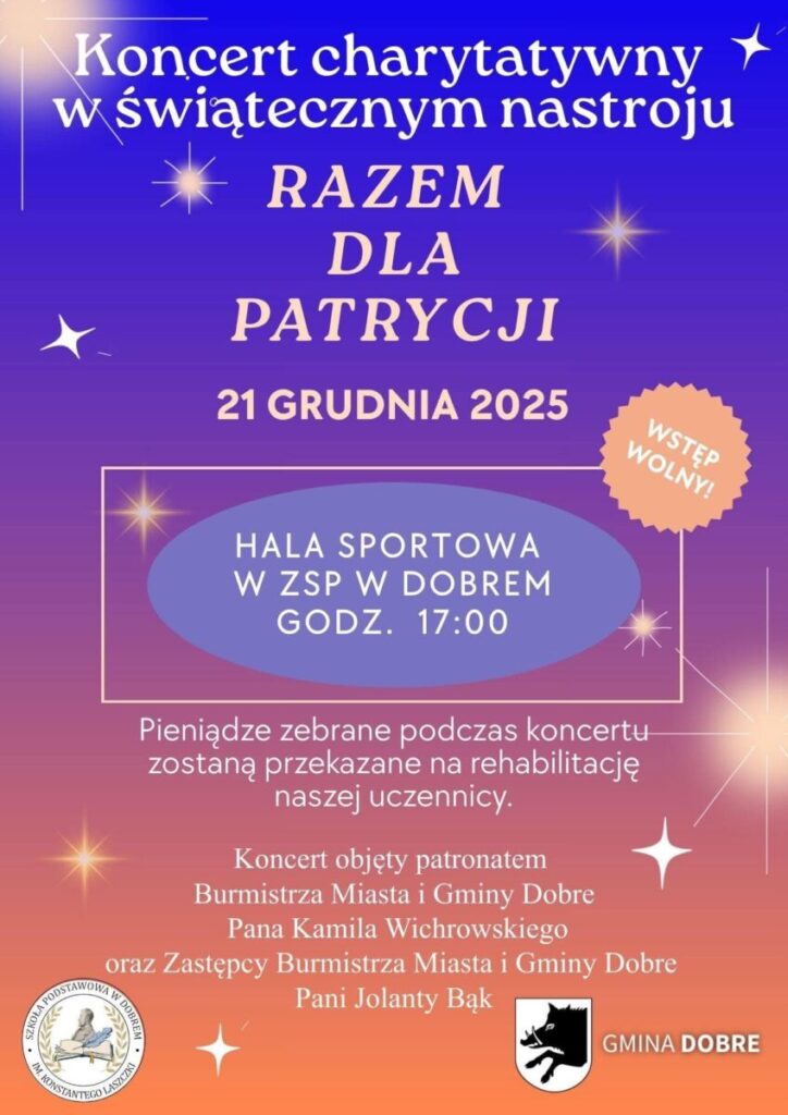 Plakat promuje koncert charytatywny Razem dla Patrycji 21 grudnia 2025. Tło w odcieniach fioletu i pomarańczu. Zawiera informacje o miejscu, godzinie i darmowym wstępie.