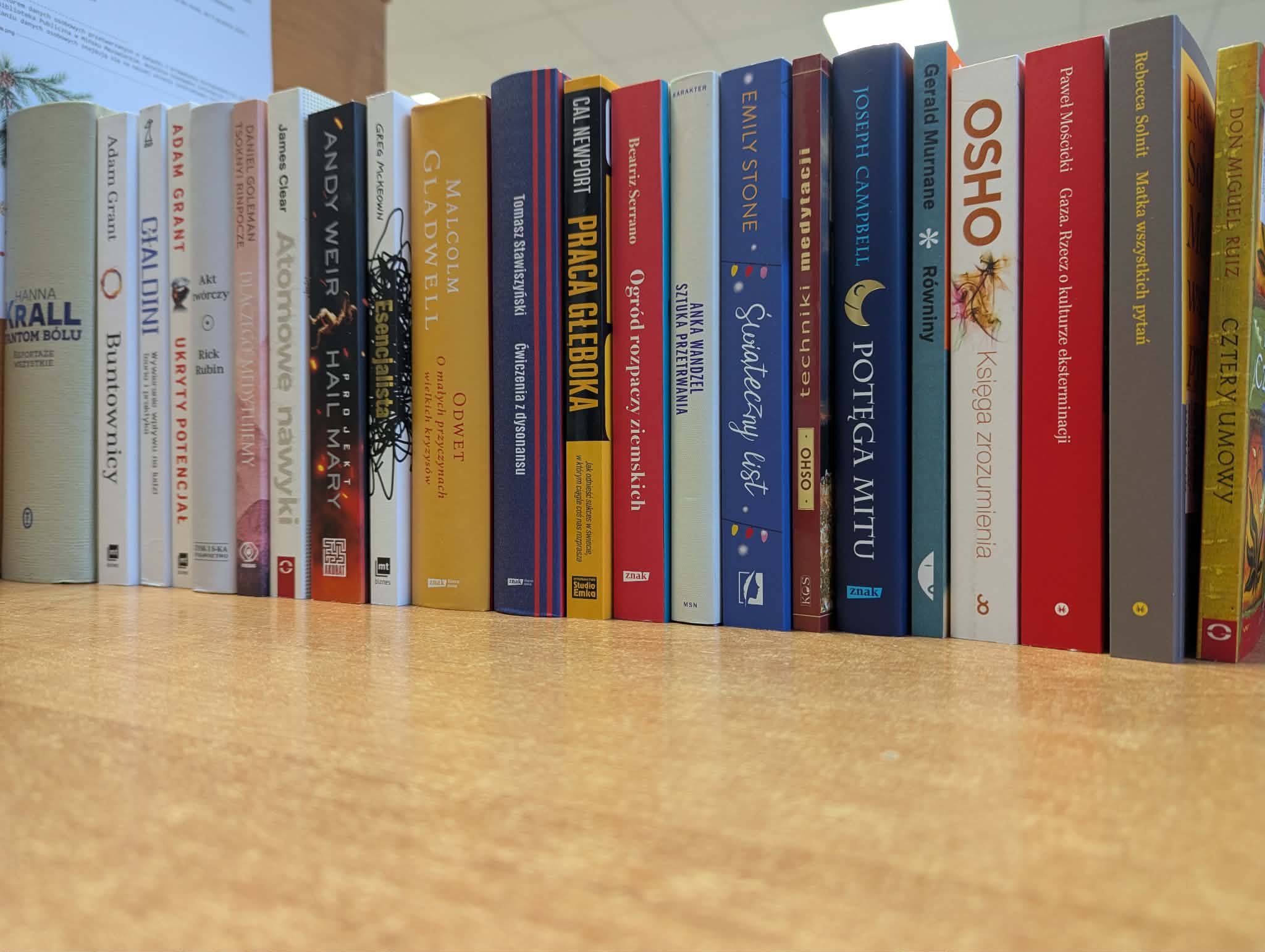 Rząd kolorowych książek ustawionych pionowo na drewnianym stole. Tło jest rozmyte i jasne. Grzbiety książek mają różne kolory i wzory.