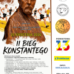 II Bieg Laszczki (1) Plakat przedstawia medal z biegu, brązowy posąg, biegnących sportowców oraz informacje o „II Biegu Konstantego” 25 kwietnia 2026. Kolory to brązowy, żółty i biały na tle z logotypami partnerów. W