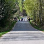 DSC_5432 Droga asfaltowa prowadzi przez las. Grupa dzieci i dorosłych spaceruje wzdłuż drogi. Drzewa i trawa są zielone.